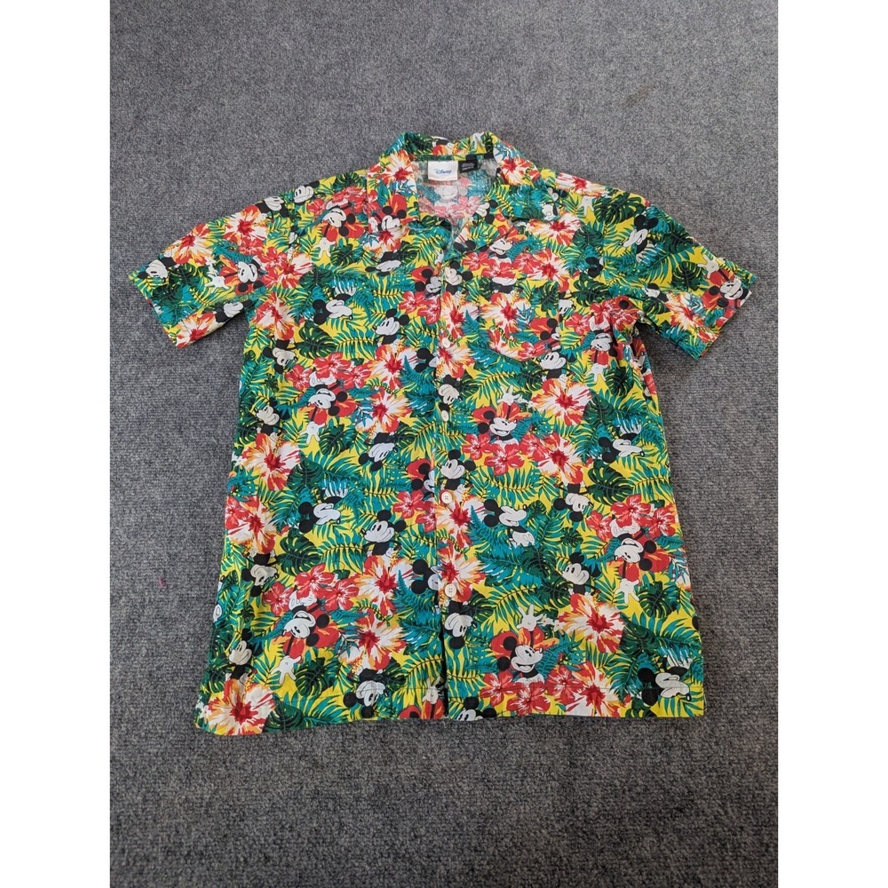 Disney Shirt Mens Small Mickey Mouse Hawaiian Floral All Over Print Short Sleeve